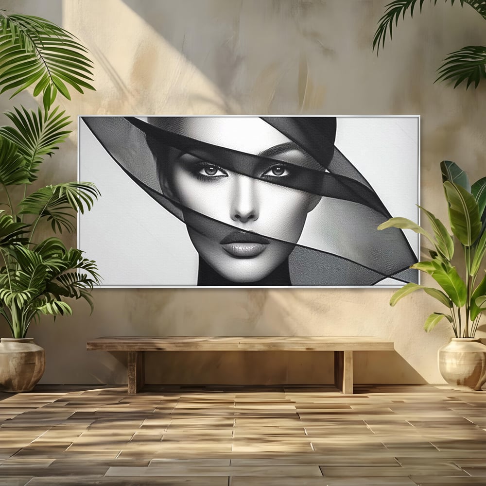 Tablou canvas cu tablou canvas cu femeie si voal negru, in rama de aluminiu argintiu